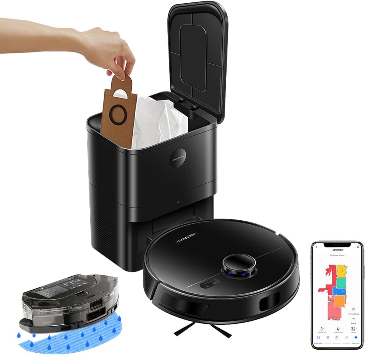 Liectroux M70 Pro 3-in-1 Robotstofzuiger met automatische leegstation, LiDAR-navigatie en 6500 Pa zuigkracht – Zwart — afbeelding 1