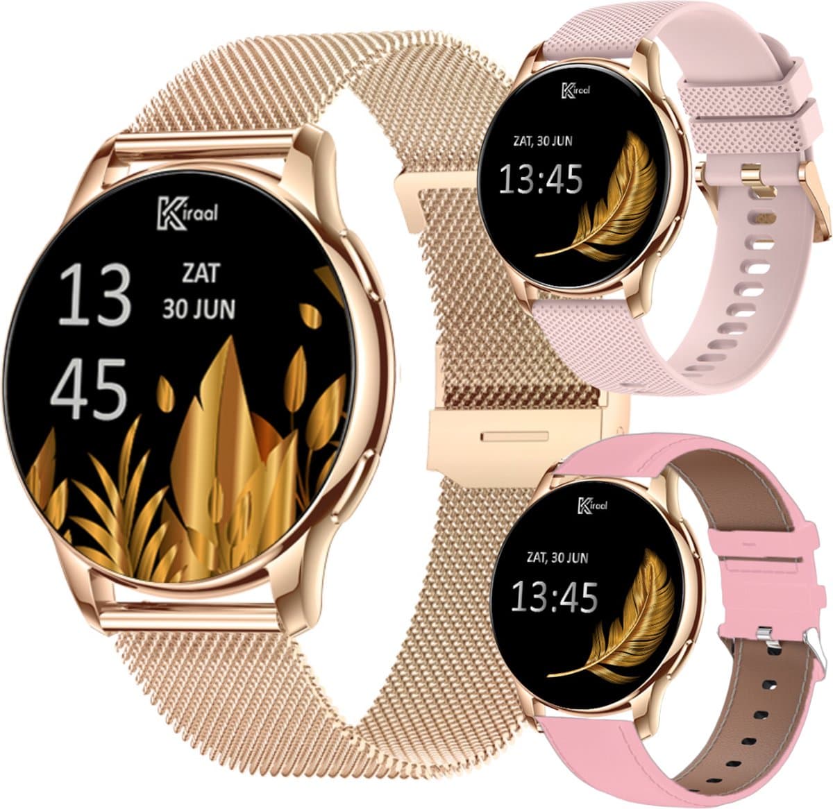 Kiraal Valencia AMOLED Smartwatch voor Dames - RVS, Lederen en Siliconen Bandje - Hartslagmeter - Stappenteller - Slaapmonitor - Multisport - Compatibel met Android en iOS - Rosé Goud en Roze — afbeelding 1