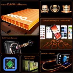 Rugged Smartphone - OUKITEL G6 - 2026 nieuw telefoon - 16GB RAM - 128GB ROM - 6,52 inch - 10600 mAh - Android 16 - IP68/IP69K Outdoor telefoon - NFC GPS - Zwart — thumbnail 8