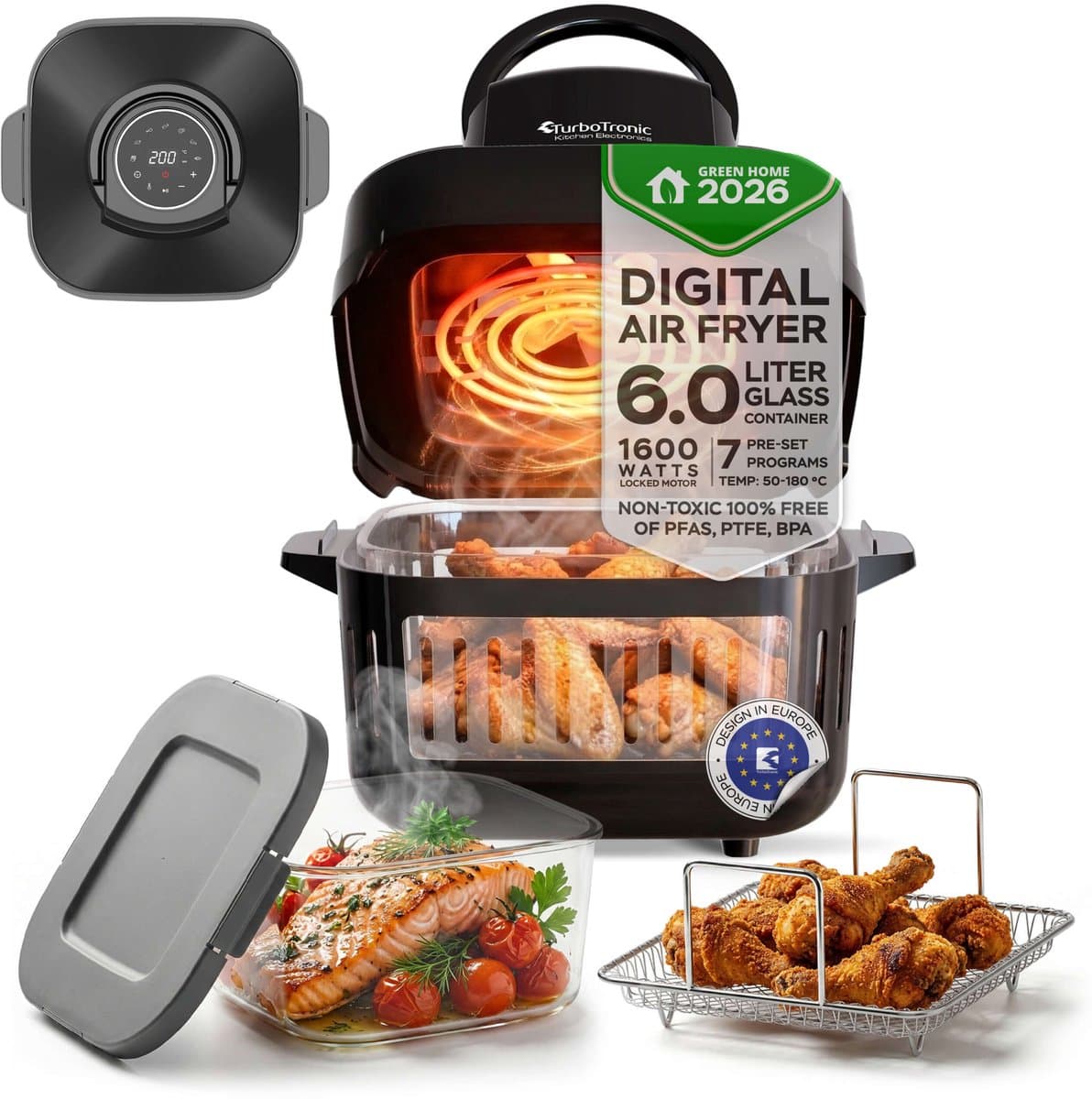 Turbotronic AFG6 Airfryer XXL met glazen bak- BPA & PFAS Vrij - 6L - Heteluchtfriteuse - Dual Heating - 50ºC tot 180ºC - 8 Kookprogramma's - Zwart — afbeelding 1