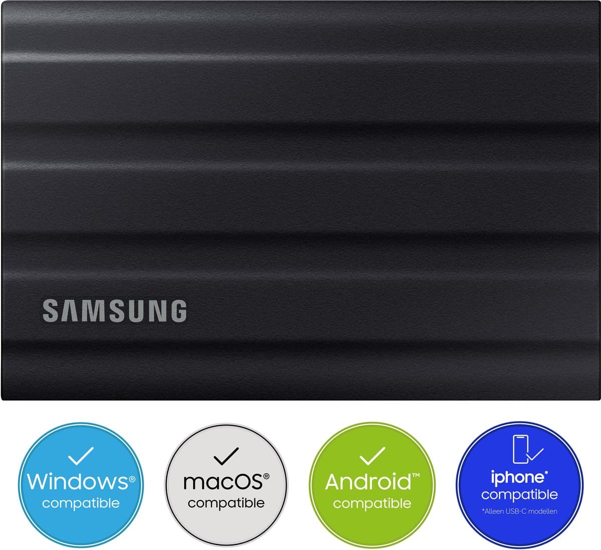 Samsung Portable T7 Shield - Externe SSD - USB C 3.2 - Inclusief USB C en USB A kabel - Geschikt voor iPhone USB C - 2 TB - Zwart — afbeelding 1