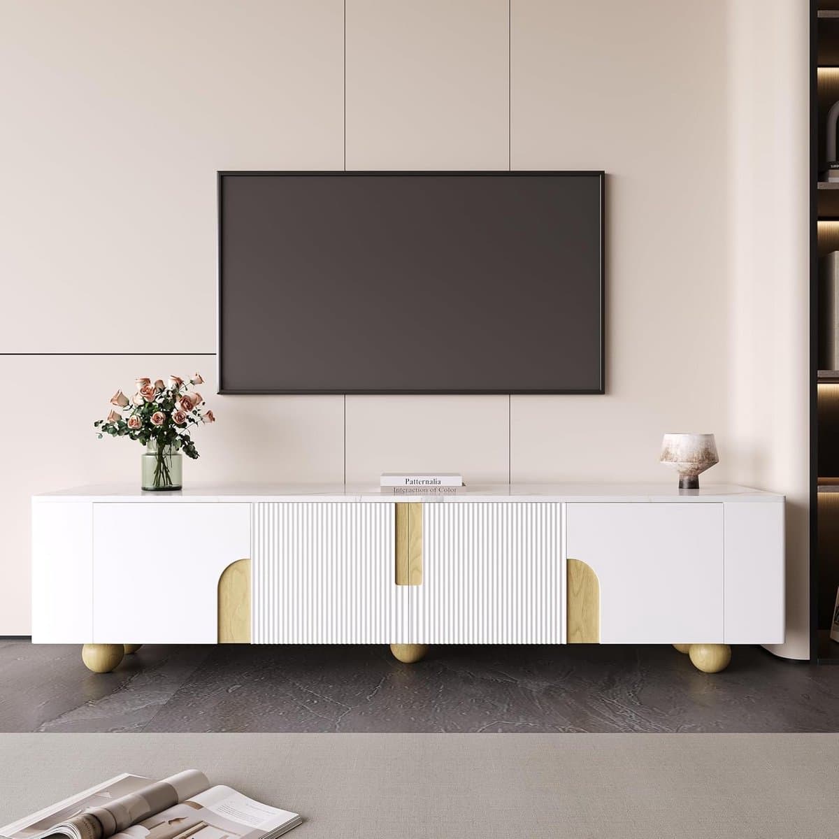 TV Kast 180 cm Wit met 4 Deuren en Houten Poten - Modern Entertainment Meubel — afbeelding 1