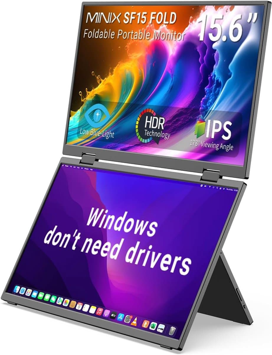 MINIX SF15 FOLD 15.6" Portable Monitor - Touchscreen - IPS Beeldscherm - Laag Blauw Licht - Inclusief Beschermhoes - Full HD - voor Laptops/Studie/Creatieve Projecten/Kantoorsamenwerking - Zwart — afbeelding 1