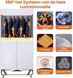 Elektrische Wasdroger 1500W – Draagbare Droogkast 170 cm – Opvouwbaar Wasrek met Grote Capaciteit (15 kg) – Sneldrogende Kledingdroger Zonder Installatie – Grijs — thumbnail 4