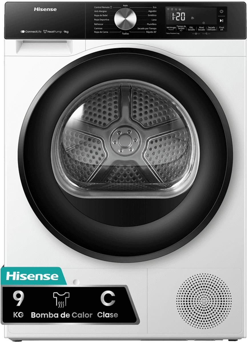Hisense DH3S902BWCC - Condensdroger - 9 kg - Vrijstaand - Voorbelading - Warmtepomp - Wit - Draaiknop - TouchControl - 63 dB(A) - Ion Refresh - Allergy Care - Auto Dry — afbeelding 1