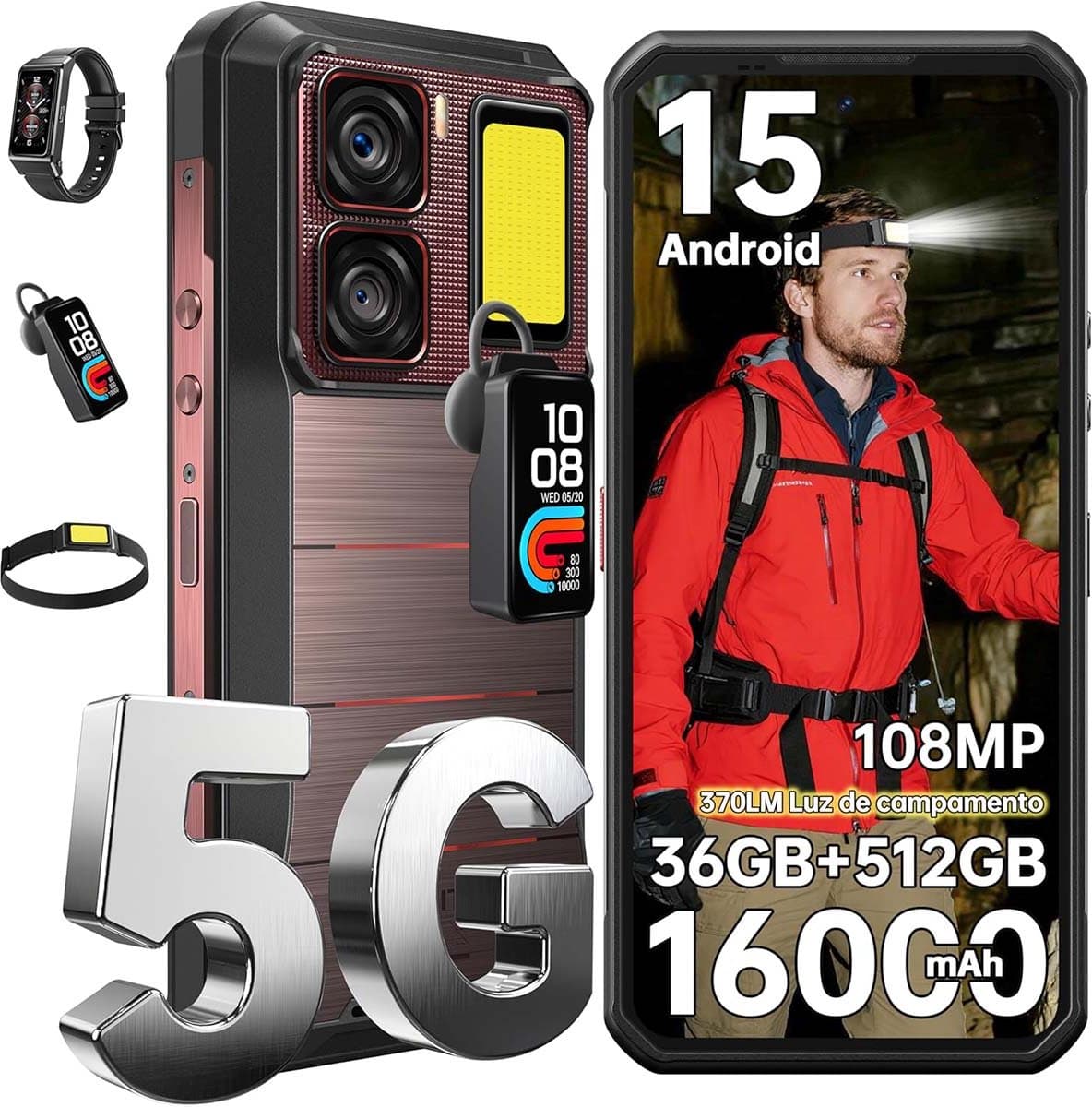 Oukitel WP300 Robuuste Smartphone 5G - IP68/IP69K Outdoor Telefoon - 12GB RAM - 128GB ROM - 16000mAh 120Hz - 6,8 inch FHD+ scherm - Met Afneembare Module Oortelefoon, Kamplampje - Rood — afbeelding 1