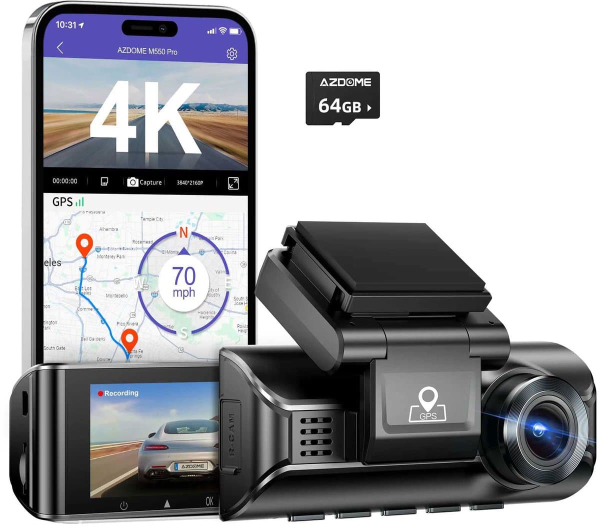 AZDome M770 Pro 1CH 4K Wifi Gps dashcam voor auto - 4K + FullHD resolutie - Night vision - Parkeerbeveiliging - 64gb Micro SD kaart - 3,0 inch LCD scherm - 170 + 140 graden kijkhoek - Nachtzicht — afbeelding 1