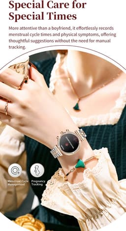 Knobbout Luxe Dames Smartwatch 1.27” met Kristallen – Bluetooth Bellen – HD Touchscreen – Hartslag, Bloeddruk & SpO₂ Monitoring – Vrouwelijke Gezondheidsfuncties – AI spraakassistent– IP68 Waterdicht – Zilver stalen band — thumbnail 8