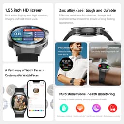 Knobbout 1.53" Stijlvolle Sport Smartwatch – NFC- Kompas, Hoogtemeter, Barometer-Bluetooth Bellen - Draadloos Opladen - hartslag, bloeddruk, zuurstofgehalte (SpO₂) - AI Assistent - medicatie innemen alert - Zwart Leren + Siliconen Band — thumbnail 10