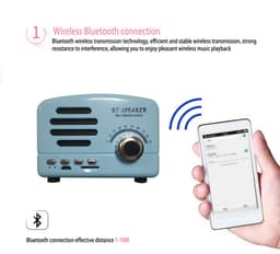 JeiibrZui Retro Bluetooth Speaker - Vintage Bluetooth Speaker - Draadloze Connectiviteit Ingébouwde Microfoon - 3W - Blauw — thumbnail 4