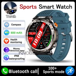 Knobbout 1.7" Outdoor Smartwatch – Digitale Kompas - LED & UV Licht -600mAh batterij - Bluetooth Bellen- IP68 Waterdicht -AI Spraakassistent - Gezondheid & Sportfuncties -Blauw Siliconen Band — thumbnail 1