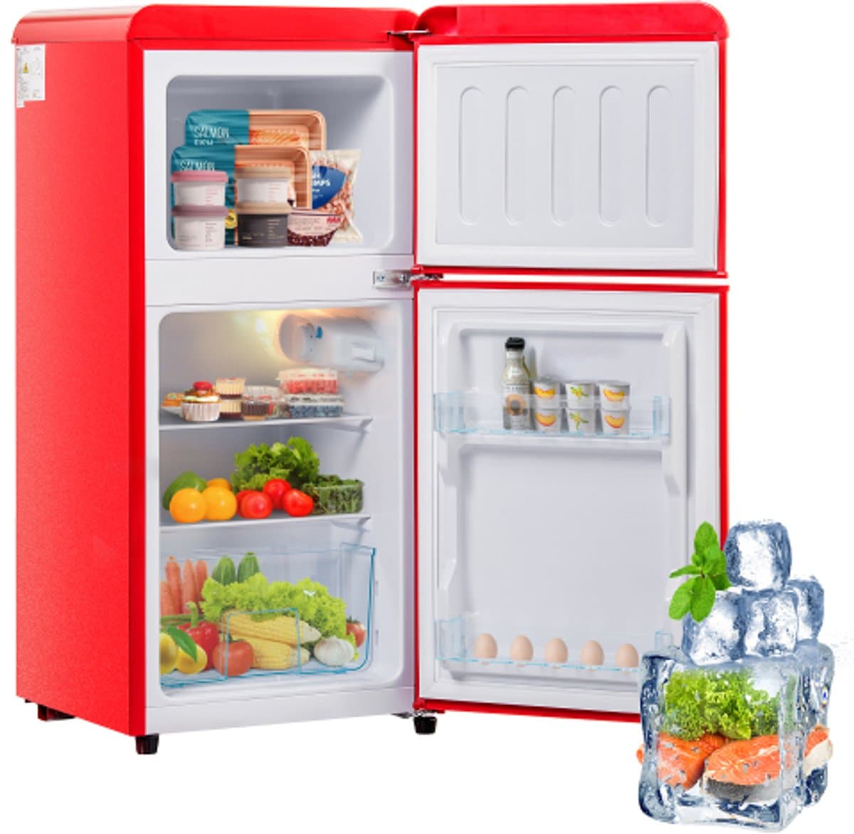Retro koelkast. Vriescombinatie. 88,8 cm hoog, 45,5 cm breed, tweedeurs, met een totaal volume van 60 liter, een vriescapaciteit van 22 liter. 102 kWh/jaar, -27 °C ∽ 13 °C, ledverlichting. Premium rood, energieklasse E. — afbeelding 1
