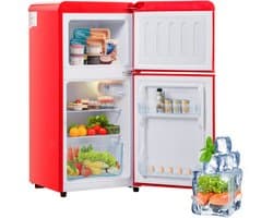 Retro koelkast. Vriescombinatie. 88,8 cm hoog, 45,5 cm breed, tweedeurs, met een totaal volume van 60 liter, een vriescapaciteit van 22 liter. 102 kWh/jaar, -27 °C ∽ 13 °C, ledverlichting. Premium rood, energieklasse E.
