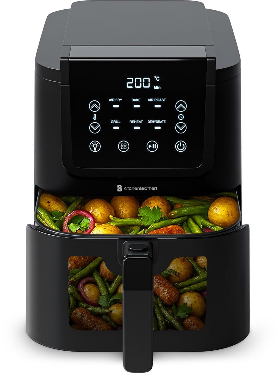 KitchenBrothers Airfryer XL - 1500W - PFAS-Vrij - 5L - Heteluchtfriteuse - 60ºC tot 200ºC - Met kijkvenster - Compact design - Extra stil - 6 Kookprogramma's - Zwart — afbeelding 1