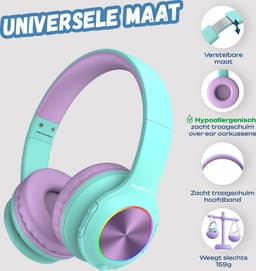 PowerLocus PLED Draadloze Koptelefoon Over-Ear voor Kinderen - LED lampjes - met Microfoon - Micro SD poort - Teal/Purple — thumbnail 6