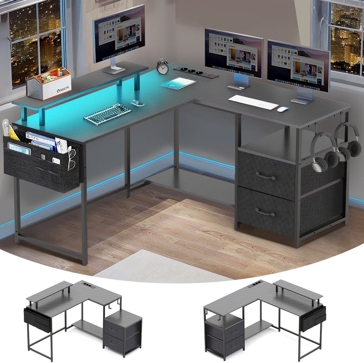 Gaming Bureau met LED Verlichting - 120x120x75cm - L-Vormig Game Bureau met Stopcontact - 2 Non Woven Lade - Gaming Desk - Computer Tafel - Gaming Tafel - Bureau voor Gamen, Studeren en Werken - Zwart — afbeelding 1