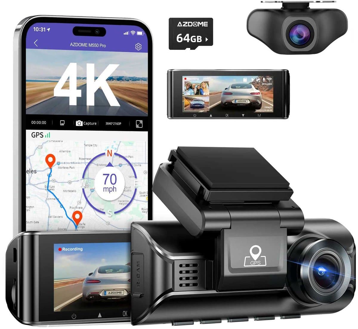 AZDome M770 Pro 2CH 4K Wifi Gps dashcam voor auto - 4K + FullHD resolutie - Night vision - Parkeerbeveiliging - 64gb Micro SD kaart - 3,0 inch LCD scherm - 170 + 140 graden kijkhoek - Nachtzicht — afbeelding 1