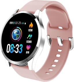 Belesy® BQSiZiPk - Limited edition - Smartwatch Dames - Smartwatch Heren - Horloge - Stappenteller - 1.3 inch - Kleurenscherm - 10x Sporten - INDOOR en OUTDOOR - Zilver - Siliconen - Roze - extra polsband Panterprint - Moederdag — thumbnail 2