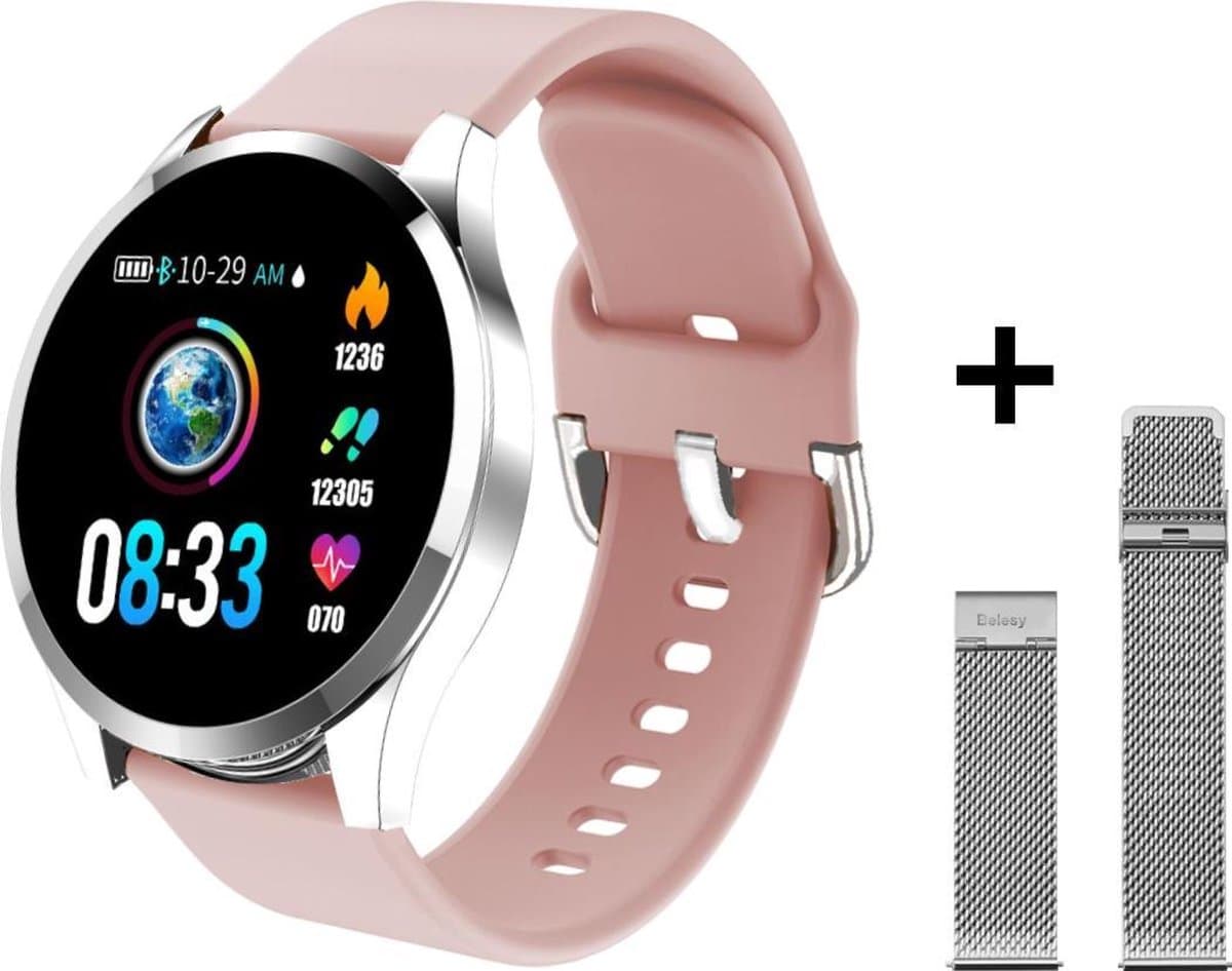 Belesy® BQSiZiPk - Limited edition - Smartwatch Dames - Smartwatch Heren - Horloge - Stappenteller - 1.3 inch - Kleurenscherm - 10x Sporten - INDOOR en OUTDOOR - Zilver - Siliconen - Roze - extra polsband Milanees staal zilver - Moederdag — afbeelding 1