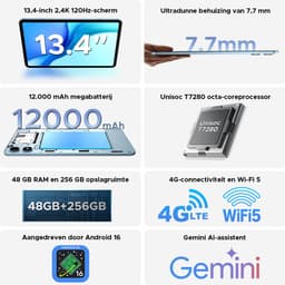 POCKAM P13 Pro Tablets - 12 GB RAM + 256 GB ROM (2 TB/TF) - 13,4 inch tablet FHD+ 120 Hz – Android 16 - UNISOC T7280 - 12000 mAh/18W - 4G LTE - Wi-Fi 5 - Bluetooth 5.0 - Inclusief toetsenbord, muis, Stylus en hoesje - Dubbele luidsprekers - Blauw — thumbnail 9