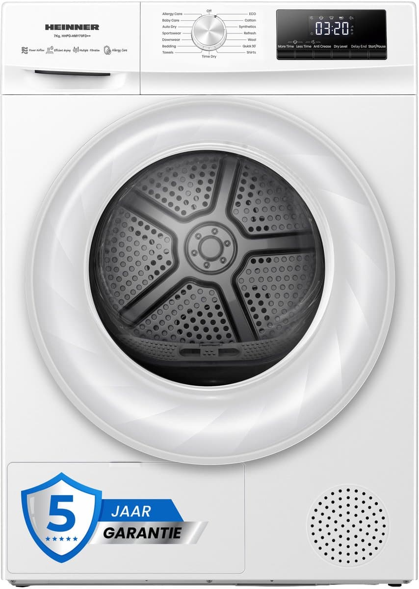 Heinner HHPD-HMY70FD++ Wasdroger - Warmtepompdroger 7 kg – 15 Programma’s – Digitaal Display – Wit – 5 Jaar Garantie — afbeelding 1
