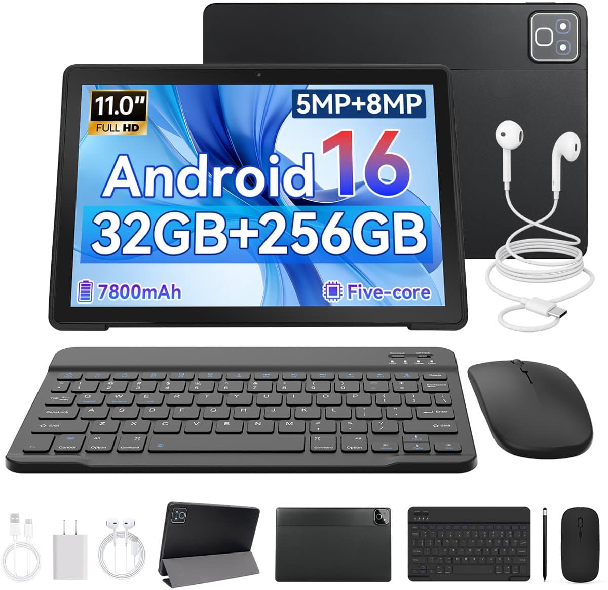 11 inch Tablets - Android 16 - 32GB RAM(3G+29GB) - 256GB - 7800mAh - WiFi6 - Widevine L1 - Face ID - Tablet met toetsenbord,muis,Pen - Zwart — afbeelding 1
