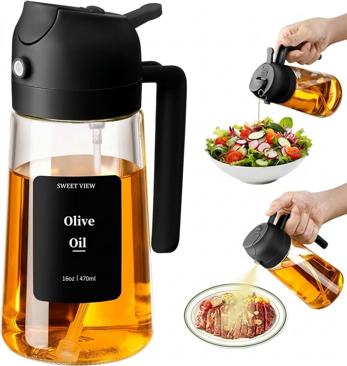 2-in-1 Olijfolie Sprayer & Olie Dispenser 470 ml – Glazen Oil Spray Bottle voor Koken, Salade, BBQ & Airfryer – Keuken Olie Spray (Zwart) — afbeelding 1