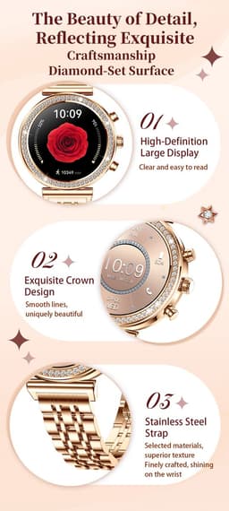 Knobbout Luxe Dames Smartwatch 1.27” met Kristallen – Bluetooth Bellen – HD Touchscreen – Hartslag, Bloeddruk & SpO₂ Monitoring – Vrouwelijke Gezondheidsfuncties – AI spraakassistent– IP68 Waterdicht – Zilver stalen band — thumbnail 5