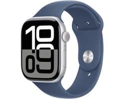 Apple Watch Series 10 - Wifi - 46mm - Zilverkleurig Aluminium Case met Denim Sportbandje - M/L