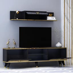 Modern TV-meubel met Wandrek - Glanzend Zwart Design Kast - 160 cm Breed — thumbnail 2