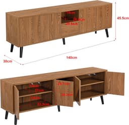 TV Meubel Lowboard Houtkleurig 140 cm Breed met Open Vakken en Opbergruimte — thumbnail 4