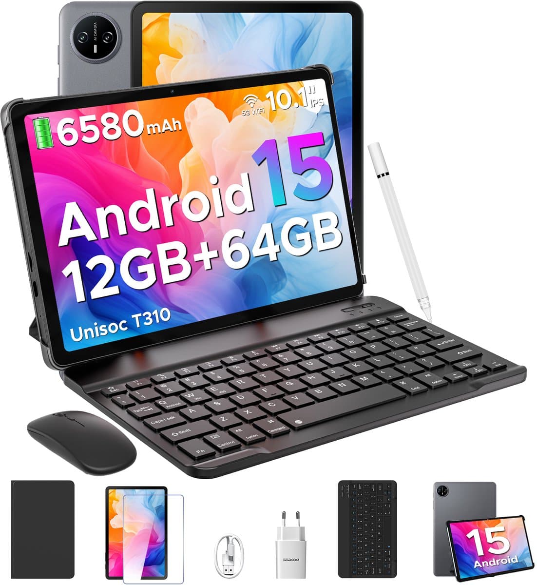 DOOGEE TAB A9 VIP - Tablet - 9 GB RAM + 64 GB ROM (2TB/TF) - 10,1" HD IPS - Android 15 - 6580 mAh - 5G WiFi - Face ID - met toetsenbord en stylus - dubbele luidspreker - Grijs — afbeelding 1