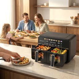 Dubbele Airfryer XXL 11L - PFAS-vrije Heteluchtfriteuse - Infrarood - Dual Zone - 2 x 5.5L - 40–200°C - 8 Kookprogramma's - 2850W - WM-2511 AF - Zwart — thumbnail 5