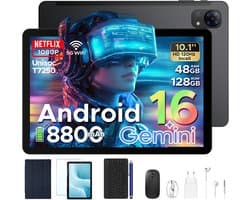 POCKAM P10 Pro - Tablet - 48 GB RAM (8+40 GB) + 128 GB ROM (2 TB/TF) - Android 16 - 10,1 inch HD 120 Hz - 8800 mAh - Gemini AI - T7250 Octa Core - Face ID - Dubbele luidsprekers, complete accessoirebundel met toetsenbord en stylus