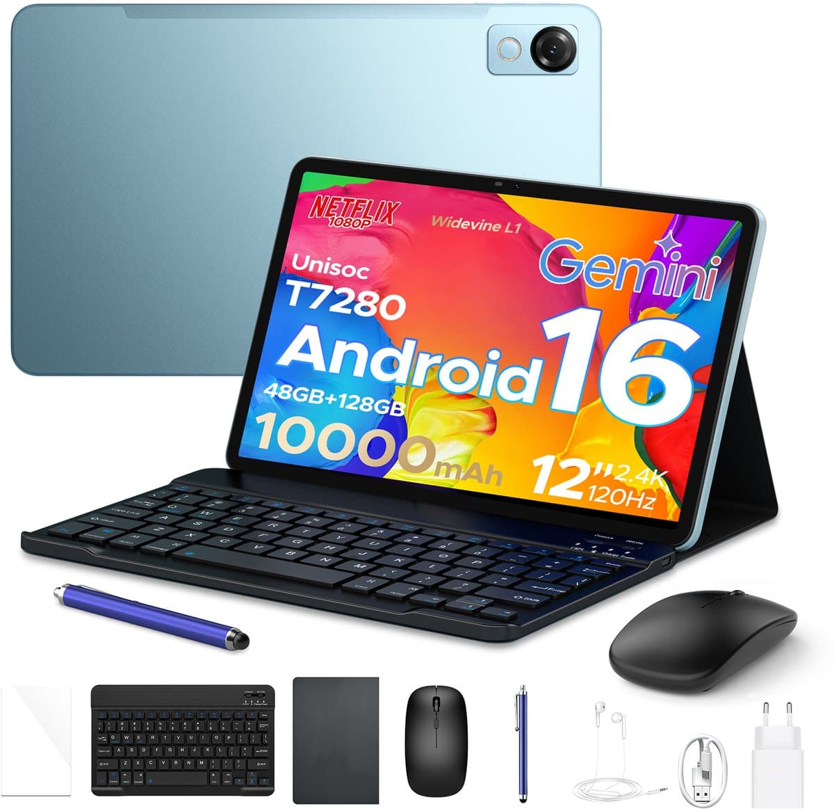 Aorlym P12 - Tablet - 48 GB RAM (8+40 GB) - 128 GB ROM (2TB/TF) - 12 inch 2K 120 Hz IPS - Android 16 - 10000 mAh /18 W - T7280 OctaCore - Dubbele camera - WiFi 5 - Bluetooth - Face ID - Toetsenbord - Stylus meegeleverd - Blauw — afbeelding 1