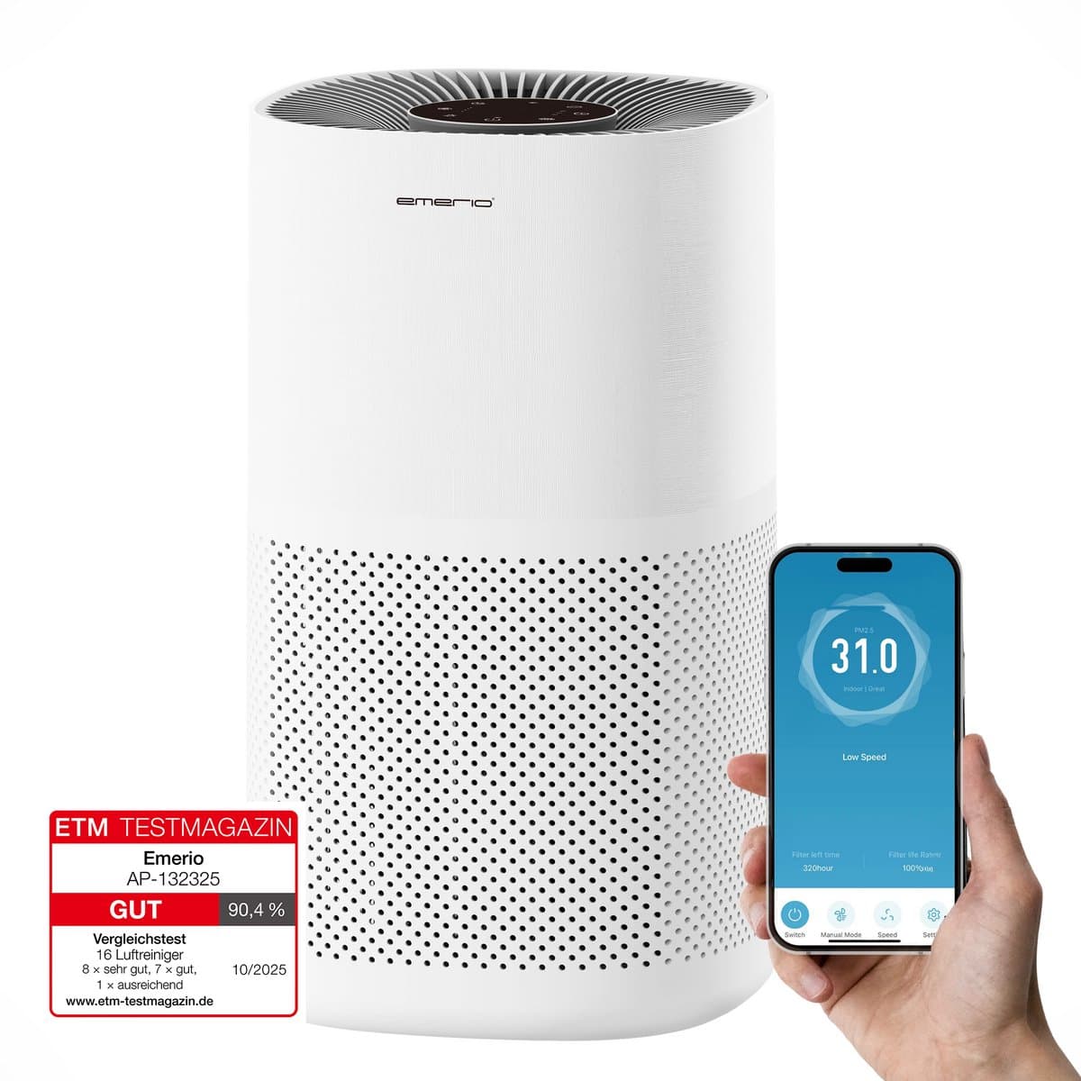Emerio Luchtreiniger - 45 m² - 50dB - HEPA 13 + Koolstof Filter - met App - Nachtmodus - Ionisatie Functie - Luchtkwalititeitsindicator - Helpt Tegen Allergie & Hooikoorts - Timer Functie - AP-132325 Wit — afbeelding 1