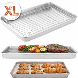 Braadslede met Afkoelrooster 304 RVS - 31,8 x 24,8 x 3 cm – Bakplaat voor Oven, BBQ & Airfryer – Zilver — thumbnail 1