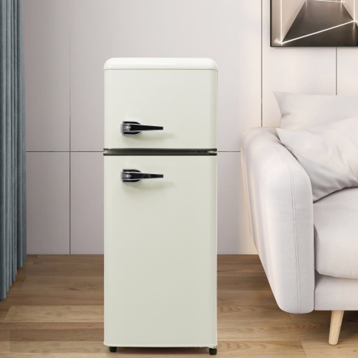Retro koelkast. Koel-vriescombinatie, 105,5 cm hoog, 41 cm breed, twee deuren, met een totaal volume van 92 liter, vriesvolume van 28 liter. Deurvakken en glazen planken. 116 kWh/jaar, -27 °C ~13 °C, ledverlichting, wit — afbeelding 1