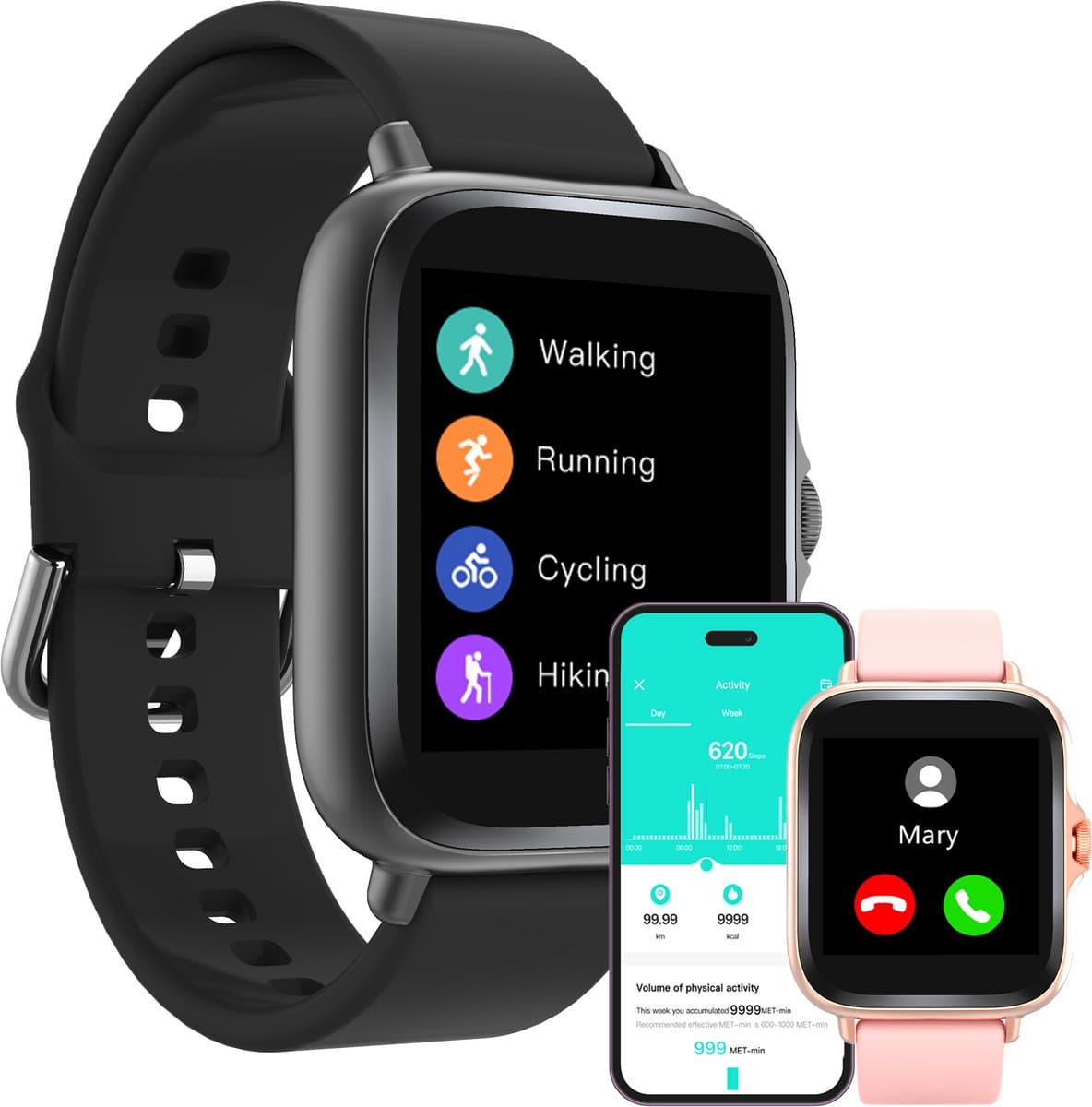 Denver Smartwatch Dames & Heren - Android & iOS - Volledige Belfunctie - Sporthorloge - Hartslagmeter - Stappenteller - Slaapmonitor - Social Media Activiteit - SWC156 - Zwart — afbeelding 1