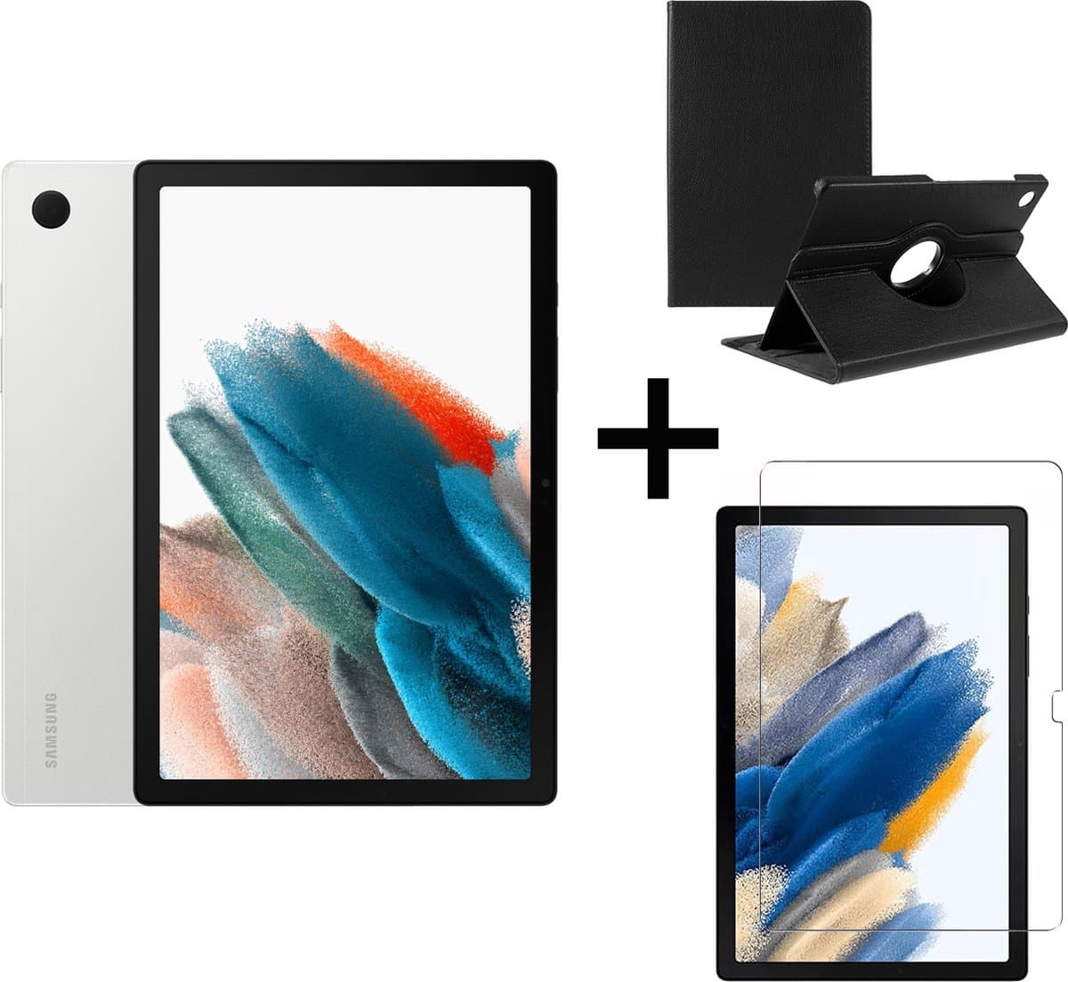 Samsung Galaxy Tab A8 (2021) - 64GB - Wifi - 10.5 inch - Silver + Draaibare hoes + Screenprotector tempered glass — afbeelding 1