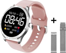 Belesy® BQSiRgPk Pro - Smartwatch Dames – Smartwatch Heren - Horloge - 1.28 inch - Kleurenscherm - Stappenteller - Bloeddruk - Hartslag - 75+ Wijzerplaten – Sporten – Zilver – Siliconen – Roze – extra polsband Milanees Zilver - Kerstcadeau — thumbnail 11