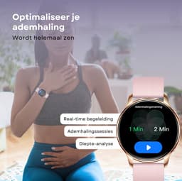 Kiraal Valencia AMOLED Smartwatch voor Dames - RVS, Lederen en Siliconen Bandje - Hartslagmeter - Stappenteller - Slaapmonitor - Multisport - Compatibel met Android en iOS - Rosé Goud en Roze — thumbnail 9