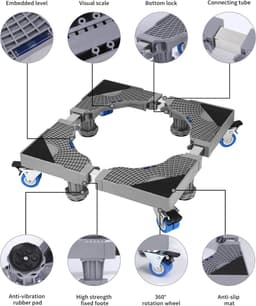 Wasmachine-onderstel met 4 voeten + 4 wielen voor wasmachine, koelkast en droger, verstelbare wasmachinebasis met antislip schokabsorberende functie, (instelbaar: 41-66 cm) — thumbnail 2