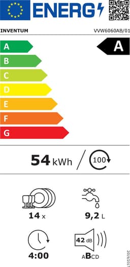 Inventum VVW6060AB energiezuinige vaatwasser - 14 couverts - Verstelbare bovenkorf - Besteklade-Bestekmand - Stil: 42 dB - 9 programma’s - Deur opent automatisch - Startuitstel - Energielabel A - Vrijstaand - Matzwart — thumbnail 2