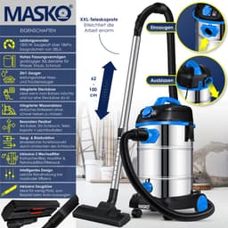 MASKO® Alleszuiger Nat- en Droogzuiger 1800W + stopcontact, Blaasfunctie, Droog- & natzuigen | Industriële stofzuiger vuilreservoir 30L Bouwstofzuiger - Blauw — thumbnail 4