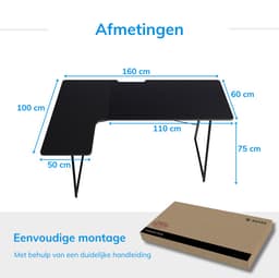 ACAZA Bureau - Game Bureau - Zwart - 160 x 100 x 75 (B x D x H) - Gaming Bureau - Hoekbureau - Bureau Gaming - Hoekbureau Gaming — thumbnail 2
