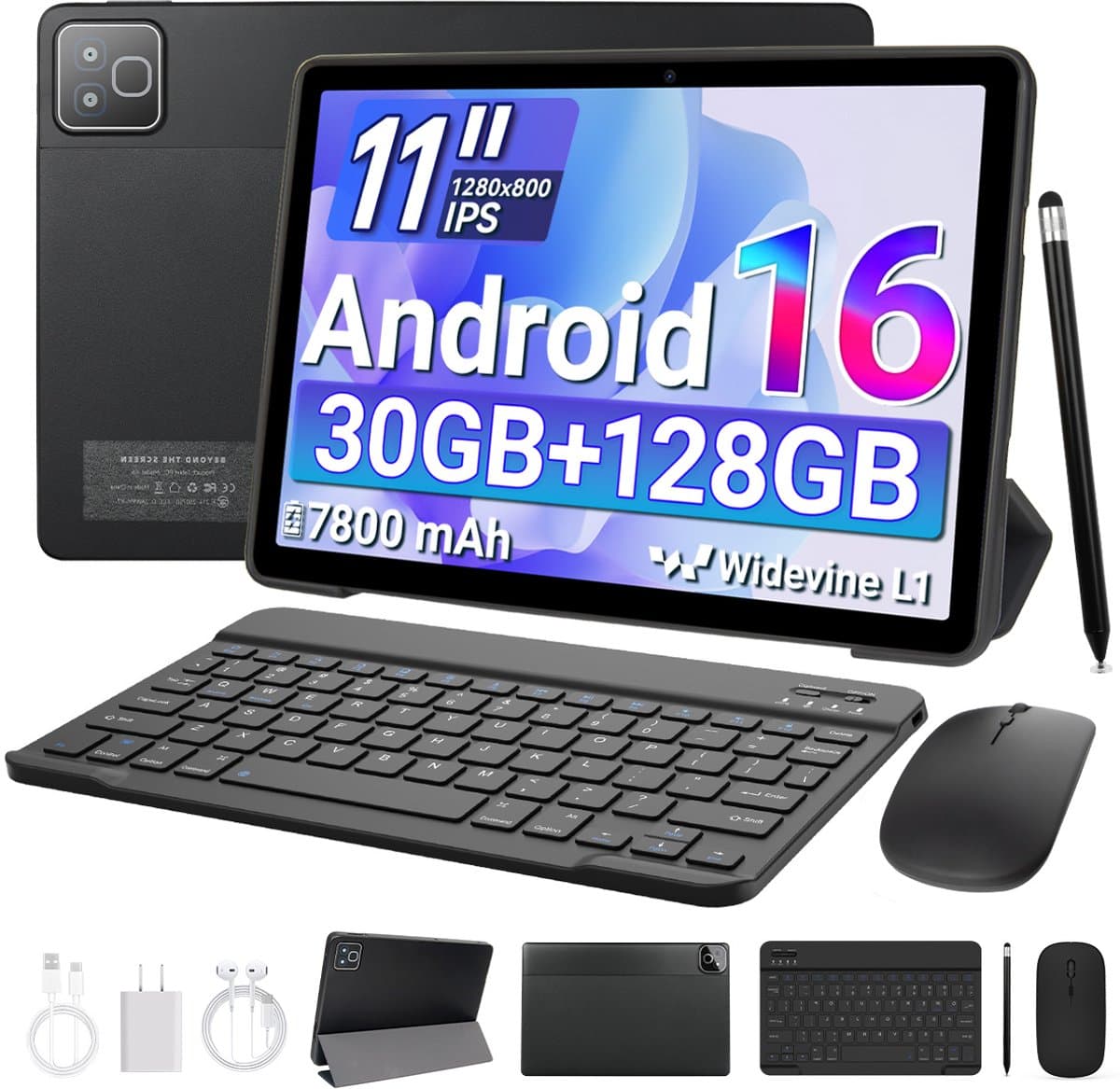 11 inch Tablet – 128GB opslag – 7800 mAh batterij – Android 16 – WiFi 6 – Tablet met Toetsenbord, Muis & Pen, Hoesje - Zwart — afbeelding 1