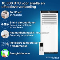 Erikssøn Mobiele Airco - 10.000 BTU - Incl. Raamafdichtingskit - Tot 30m² - 4-in-1 - Airconditioning - Ventilator - Ontvochtiger - Wit — thumbnail 3
