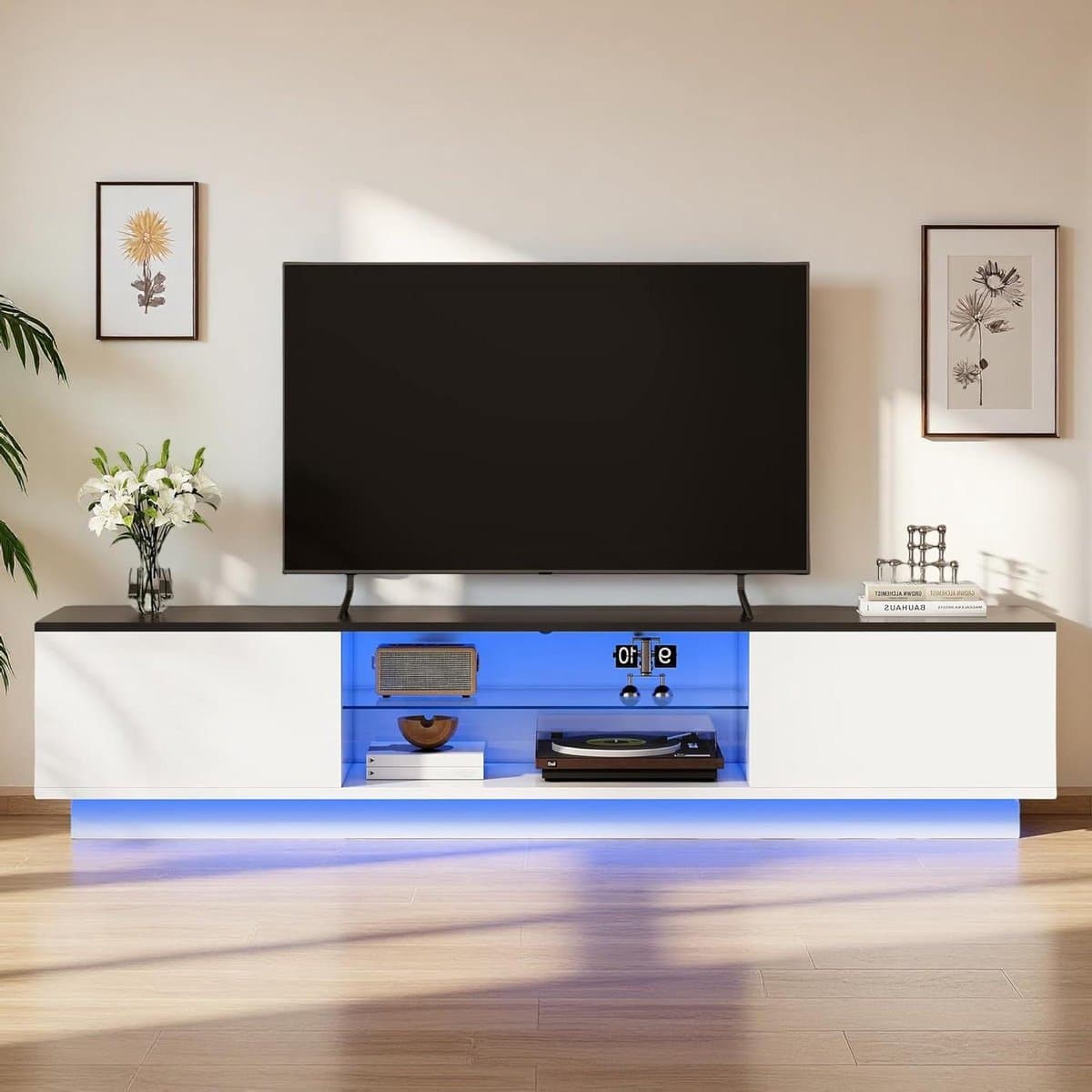 Tv-kast - Mediameubel Woonkamer - Moderne Opbergruimte - Instelbare Ledverlichting - 160 cm Breed - Wit — afbeelding 1
