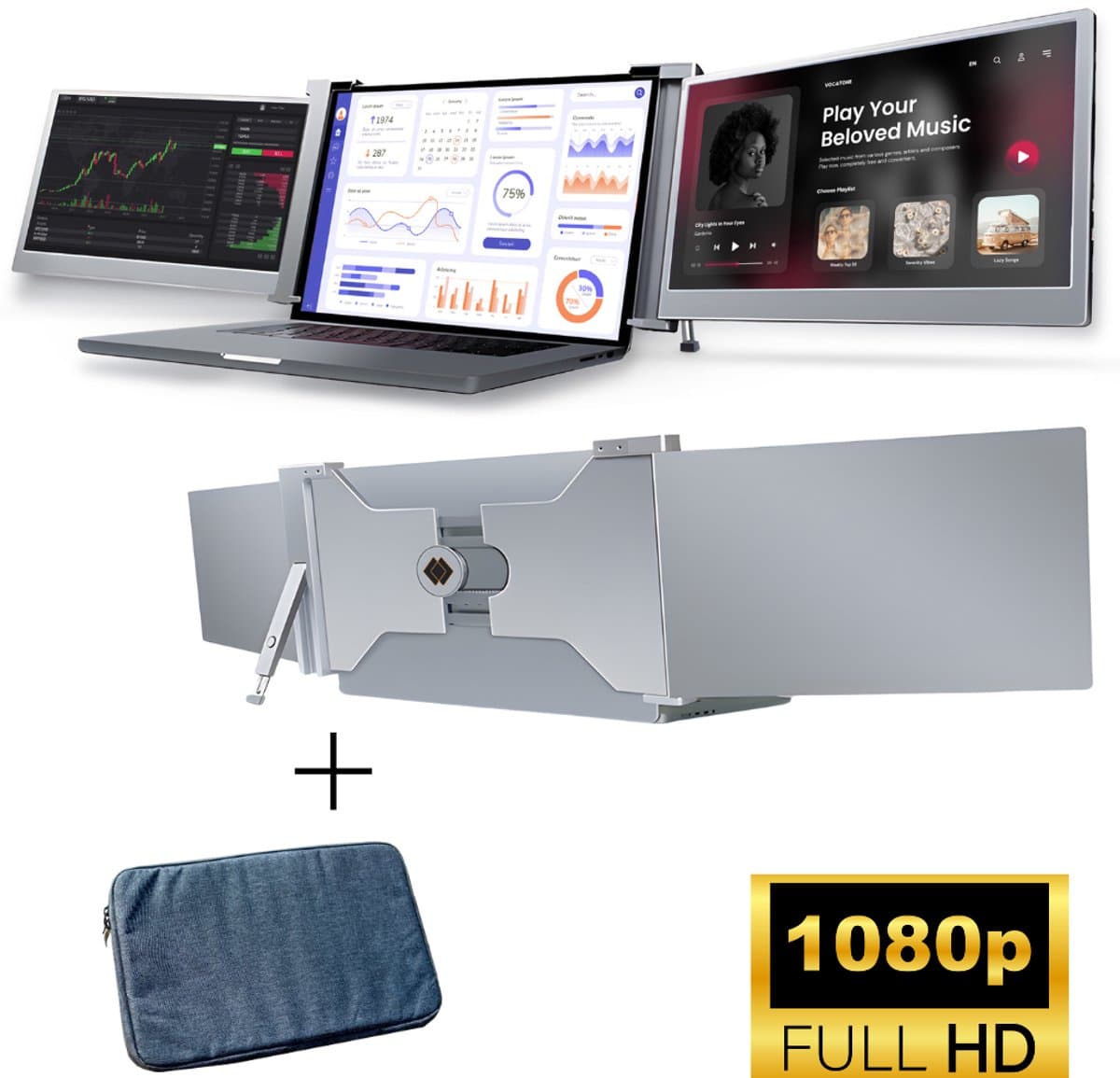 HoriVue Portable Monitor Max 15.6 Inch - Triple Screen - Full HD 60Hz - Extra Scherm Laptop - Draagbare Monitor - Laptop Scherm Uitbreider - Geschikt voor Apple en Windows - Inclusief Beschermhoes en Kabels - Tri Screen - Grijs — afbeelding 1